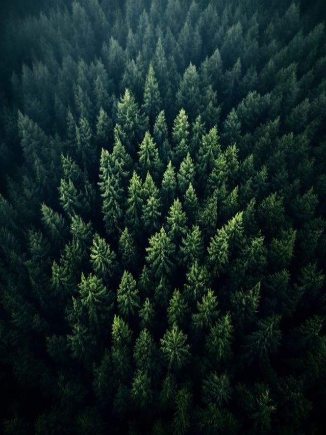 Aerial view of a dense conifer forest
